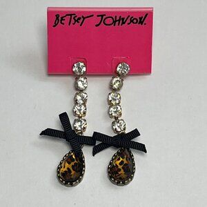 Betsey Johnson Leopard Teardrop Dangle Earrings With Rhinestones & Black Bow Acc